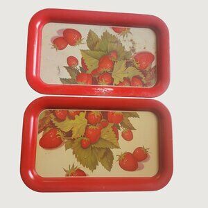 Vintage Metal Serving Trays Set Of 2 Strawberry Design Rectangular Red & Green
